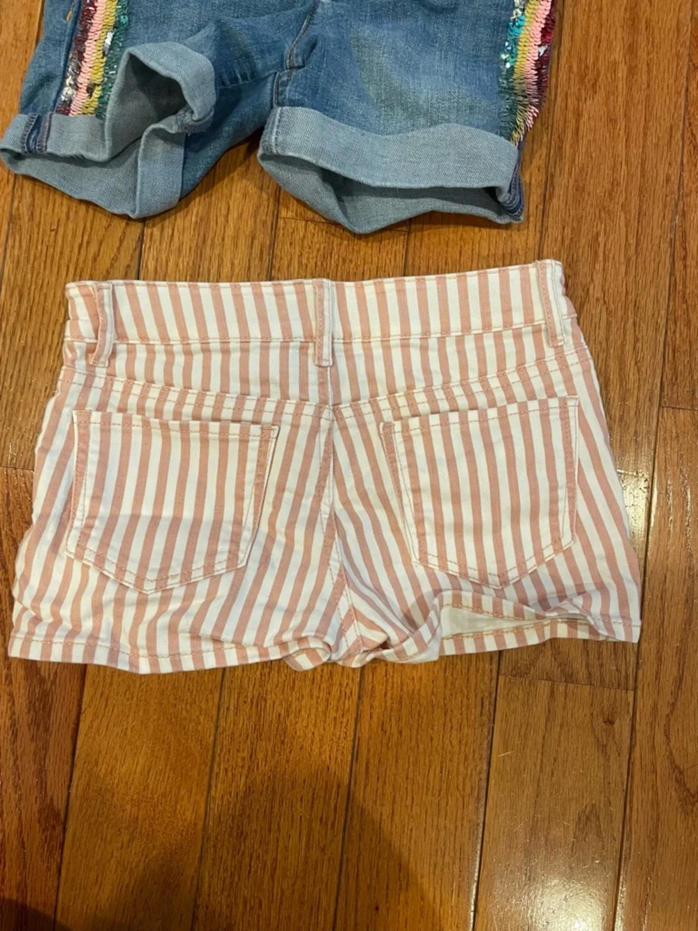 Two pairs of GAP denim Girls shorts, Striped Pink and White & denim